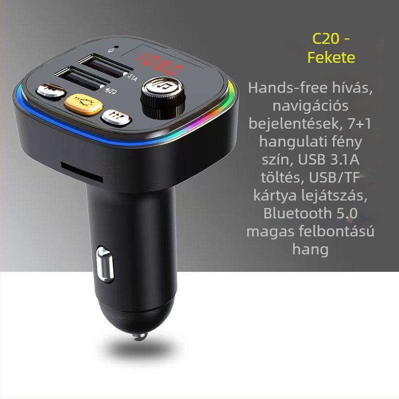 Autós MP3 Bluetooth vevő C20, FM rádióval, USB lejátszással, 12V tápegység, memória nélküli