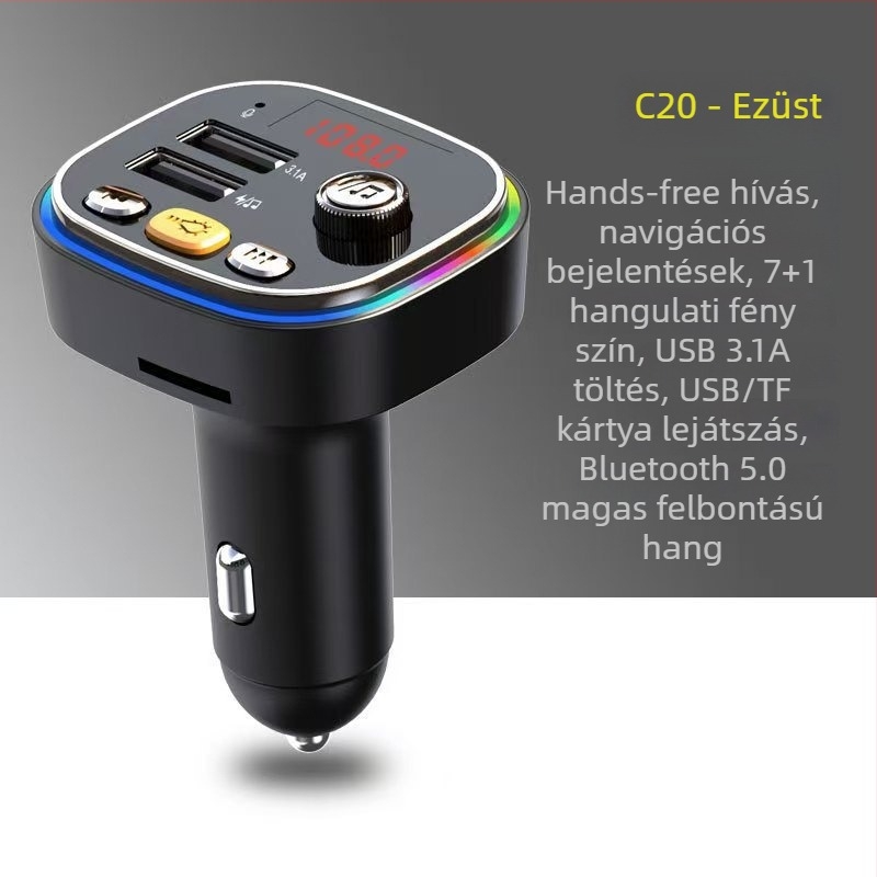Autós MP3 Bluetooth vevő C20, FM rádióval, USB lejátszással, 12V tápegység, memória nélküli