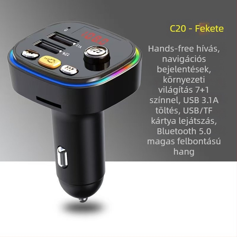 Autós MP3 Bluetooth vevő C20, FM rádióval, USB lejátszással, 12V tápegység, memória nélküli