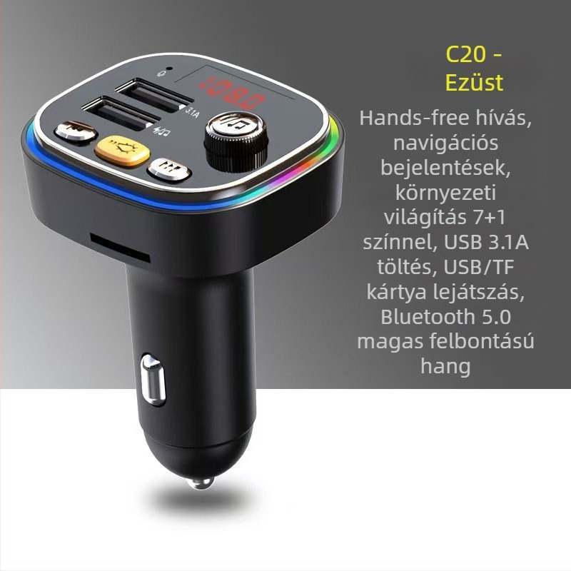 Autós MP3 Bluetooth vevő C20, FM rádióval, USB lejátszással, 12V tápegység, memória nélküli