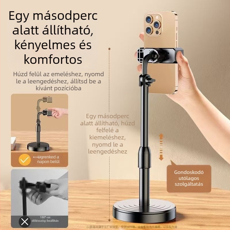 Asztali állvány tabletához és telefonhoz – állítható magasság, kihúzható és forgatható, műanyag kivitel videózásra és fényképezésre
