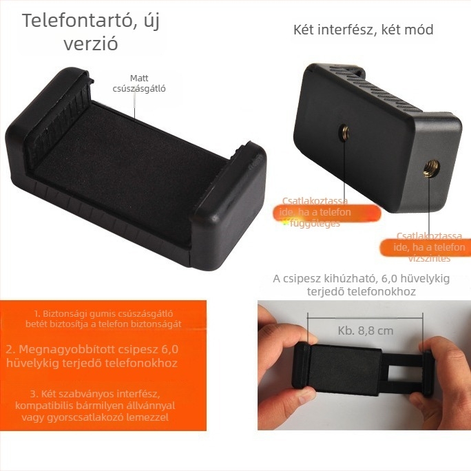 Mobiltelefon élő közvetítésre és selfie-hez való állvány, kültéri fotózáshoz tartozékok, nagy csipesz vízszintes és függőleges rögzítéshez, hordozható