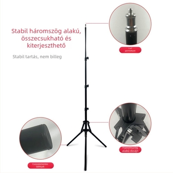 Fordítottan összecsukható fotográfiai trípod vas- és nylon konstrukcióval; teherbírás 3,5–4,5 kg; 4 részes kialakítás; csőátmérők: fő 0,4 mm, lábcsövek 0,3 mm.