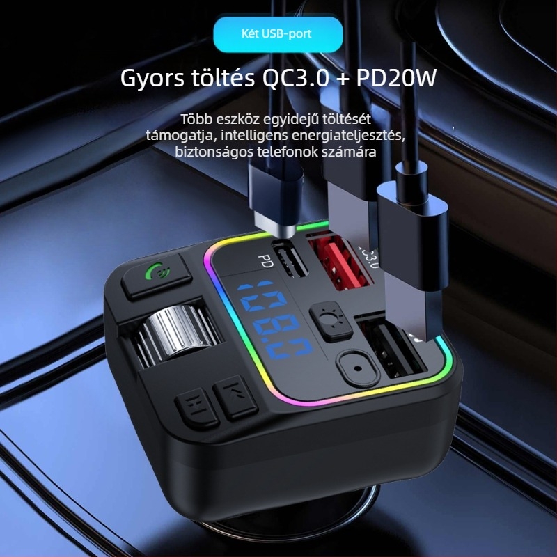 P18 autó Bluetooth MP3 vevő kihangosítással, FM adó, QC3.0 + PD20W kettős gyors töltés, USB lejátszás