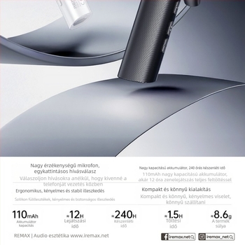 Remax Ruiliang Bluetooth headset autóba 5.4, hands-free, sztereó, 10 m hatótáv, 4–8 óra üzemidő