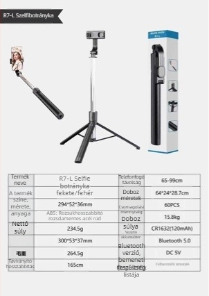 Bluetoothos selfie-stik összecsukható telefon-tartóval, Bluetooth távirányítóval, képstabilizáció, töltőfény, ABS + rozsdamentes acél