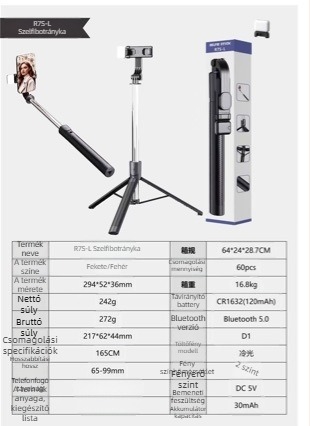 Bluetoothos selfie-stik összecsukható telefon-tartóval, Bluetooth távirányítóval, képstabilizáció, töltőfény, ABS + rozsdamentes acél