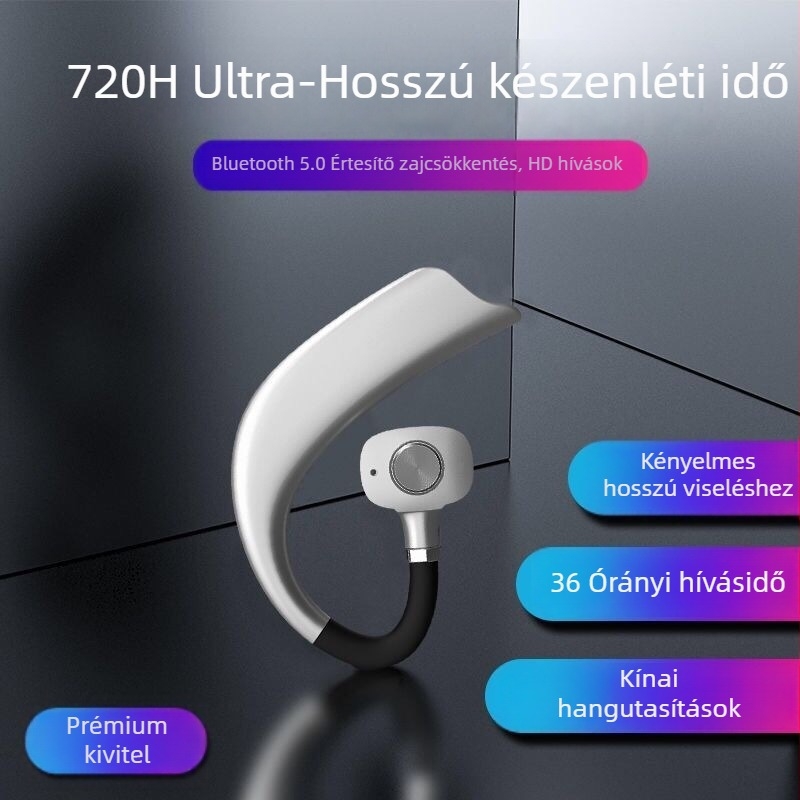 Egy fülre akasztott Bluetooth headset, sport modell, Bluetooth 5.0, 10 m hatótáv, több mint 8 óra akkumulátor-élettartam, támogatja a hívásokat és a zenét