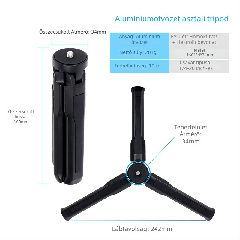 Alumíniumötvözet asztali tripod Mt-19 mobiltelefon és kamera számára, 1/4 csavaros aljzat, teherbírás 6–10 kg, 1 rész