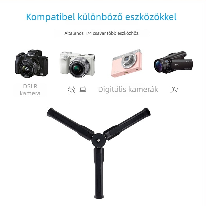 Alumíniumötvözet asztali tripod Mt-19 mobiltelefon és kamera számára, 1/4 csavaros aljzat, teherbírás 6–10 kg, 1 rész
