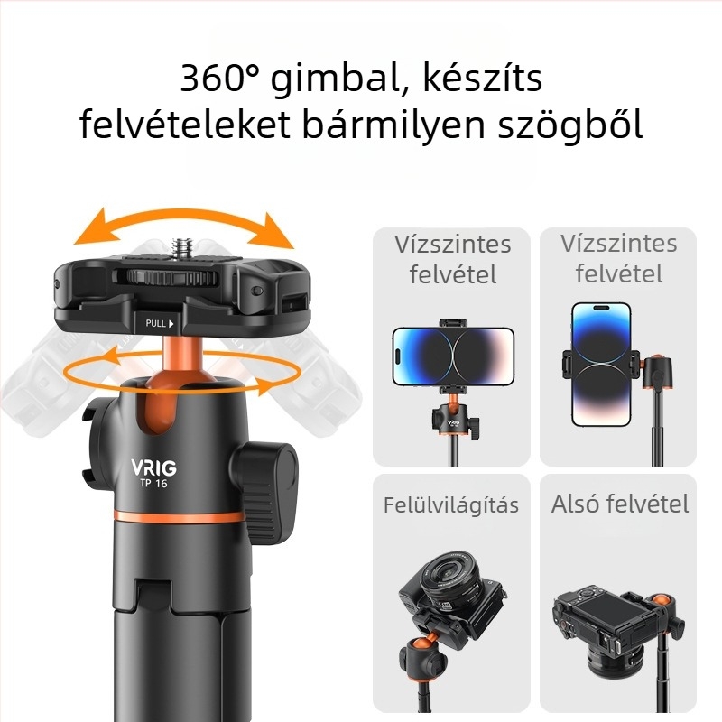 VRIG TP-16 Kamera trípód PTZ háromdimenziós fejjel, alumíniumötvözet, 5 szakasz, teherbírás legfeljebb 2 kg