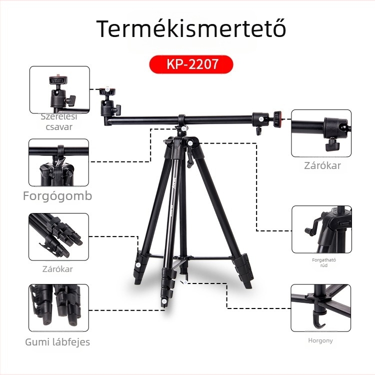 KP-2207 mobiltelefonhoz tartozó állvány, 3D PTZ, alumíniumötvözet, 4 csomópont, gyorskioldó lemez, teherbírás 2 kg