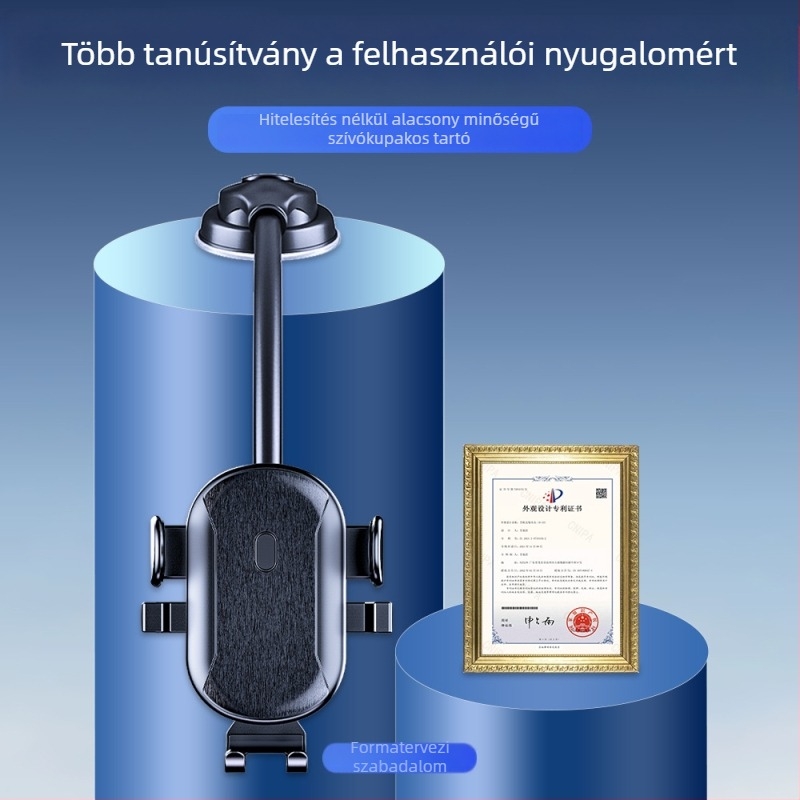 Autó központi konzol telefon-tartó szívófejjel, hajlékony cső és forgatható csukló — Double Chi; vezetési navigációhoz és beszélgetések hands-free-hez; testreszabható