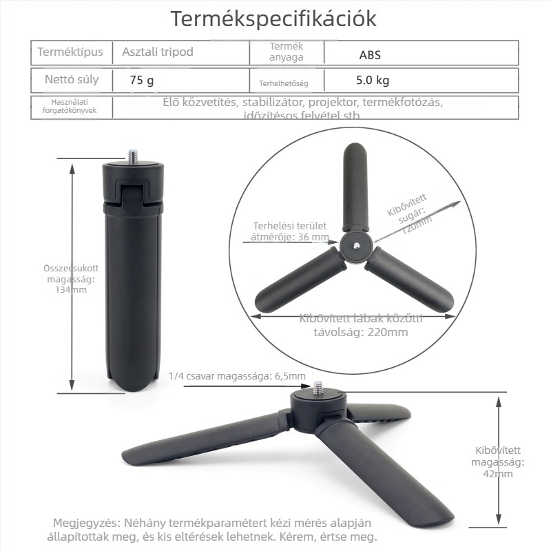 KT-2S Asztali ABS műanyag telefonhoz készült mini tripod megvilágítással, háromszög tartó, 2-5 kg teherbírás, 1 szakasz, PTZ nélkül