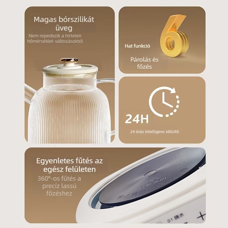 Hy-01 egészségtudatos teáskanna, teljes üveg boroszilikátból, állandó hőmérséklet, levehető felső fedél, 1,5–2 l, 220 V, 400–500 W, 4–5 adaghoz