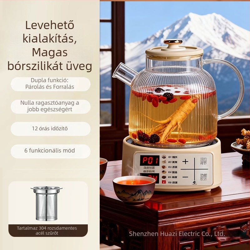 Hy-01 egészségtudatos teáskanna, teljes üveg boroszilikátból, állandó hőmérséklet, levehető felső fedél, 1,5–2 l, 220 V, 400–500 W, 4–5 adaghoz