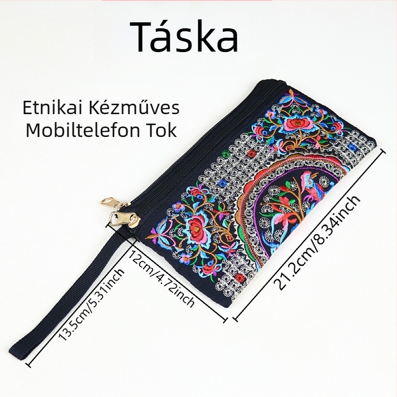Etno hímzett kézitáska, kis négyzet alakú telefon-táska, poliészter, kanvas belső bélés, cipzár