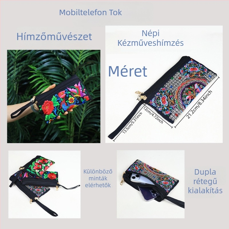 Etno hímzett kézitáska, kis négyzet alakú telefon-táska, poliészter, kanvas belső bélés, cipzár