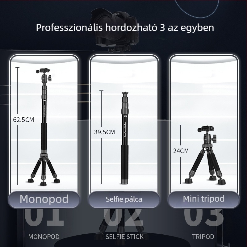 Light Age Q116 alumínium állvány gömbfejjel, 4 szakaszos, 2–5 kg teherbírás, 3 az 1-ben – padlóra, asztalra és selfie felvételekhez