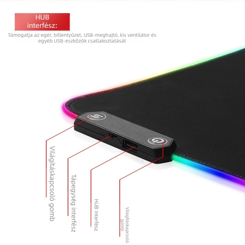 RGB gaming egérpad LED világítással, gumírozott csúszásmentes asztali alátét, nagy méret