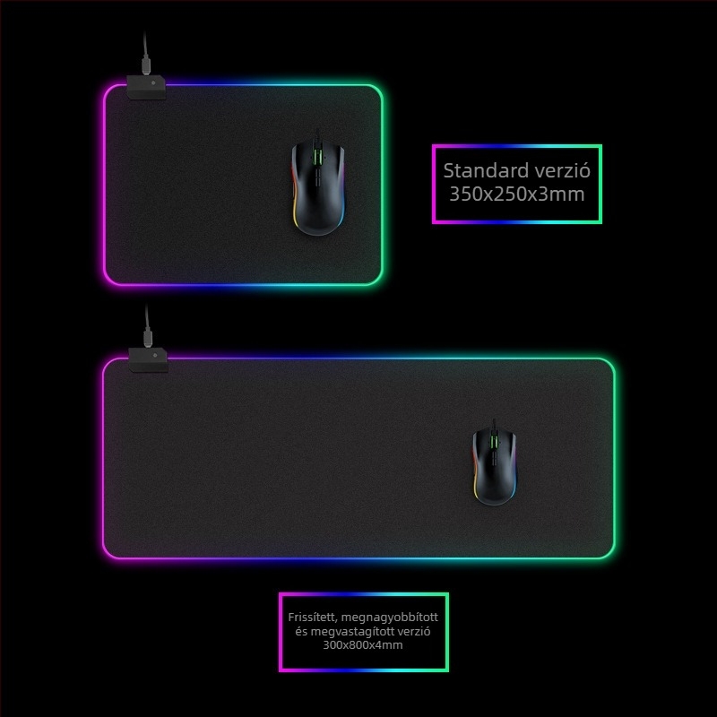 RGB gaming egérpad LED világítással, gumírozott csúszásmentes asztali alátét, nagy méret