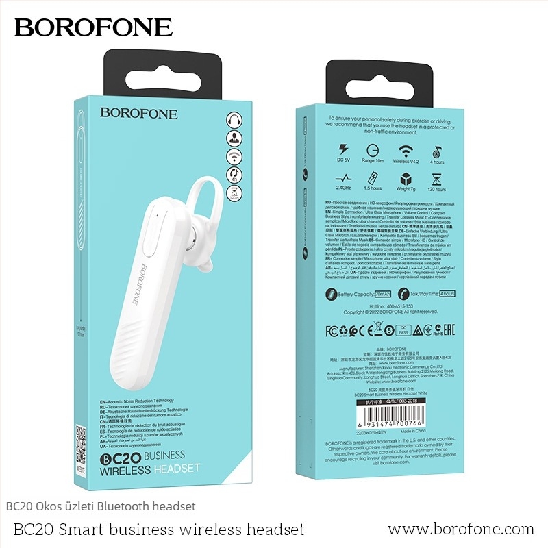 BOROFONE BC20 Autós Bluetooth fejhallgató, egyoldalas, USB-töltésű
