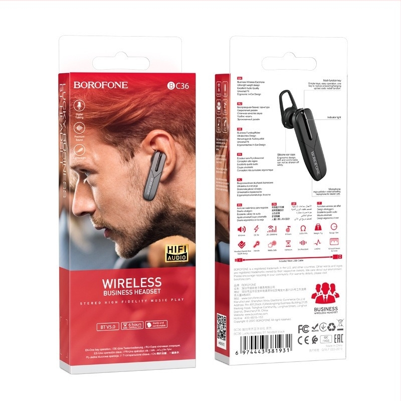 Borofone BC36 vezeték nélküli Bluetooth fülhallgató, egyoldalas, üzleti autóhoz, IPX4 vízálló, Bluetooth 5.0, 10 m hatótáv, 4–8 órás üzemidő
