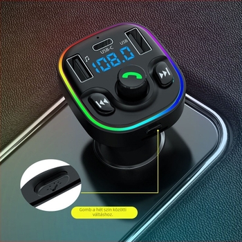 Autó MP3 lejátszó Bluetooth FM adóval, USB-C töltéssel, kihangosítással, 12–24V tápegységgel