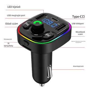 Autó MP3 lejátszó Bluetooth FM adóval, USB-C töltéssel, kihangosítással, 12–24V tápegységgel