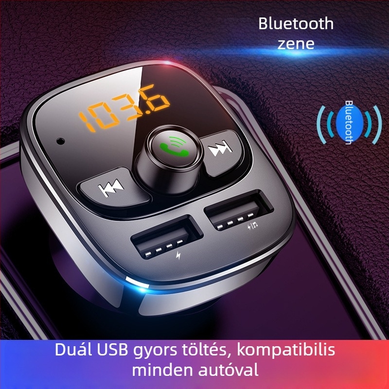 Autóba Bluetooth FM átjátszó MP3 lejátszóval, hands-free hívások, USB gyors töltés, FM hangolás, 12-24V tápegység