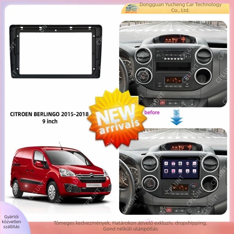 Autó navigációs felület keret Citroën Berlingo és Peugeot Partner számára; Anyag ABS+PC; Tömeg 1 kg; Kompatibilis a 2015–2018 modelévekkel