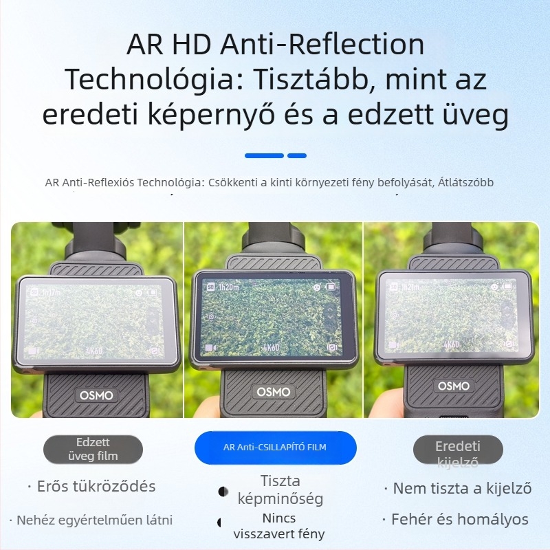 DJI Pocket 3 AR anti-reflektív védőfilm készlet – kijelző és lencse fóliák, anti-reflexió, napfény elleni védelem, ujjlenyomat-mentes