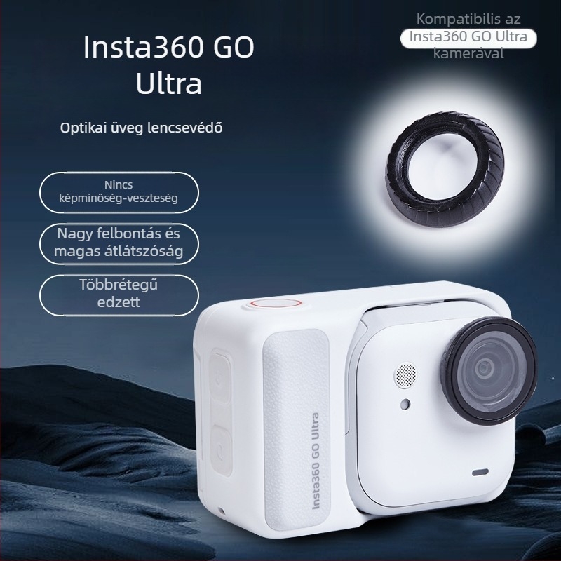 Objektívvédő Insta360 GO Ultra számára; Anyagok: üveg és műanyag; Kompatibilis az Insta360 GO Ultra-val; Testreszabható logó; Csomag tartalma: kerek csavar és alap