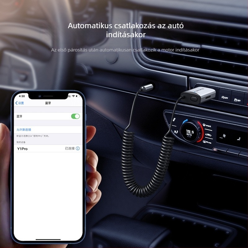 Y1Pro autós Bluetooth-vevő, Bluetooth 5.2, 3,5 mm-es audio bemenet, USB MP3 lejátszás, 5V-os autós tápegység