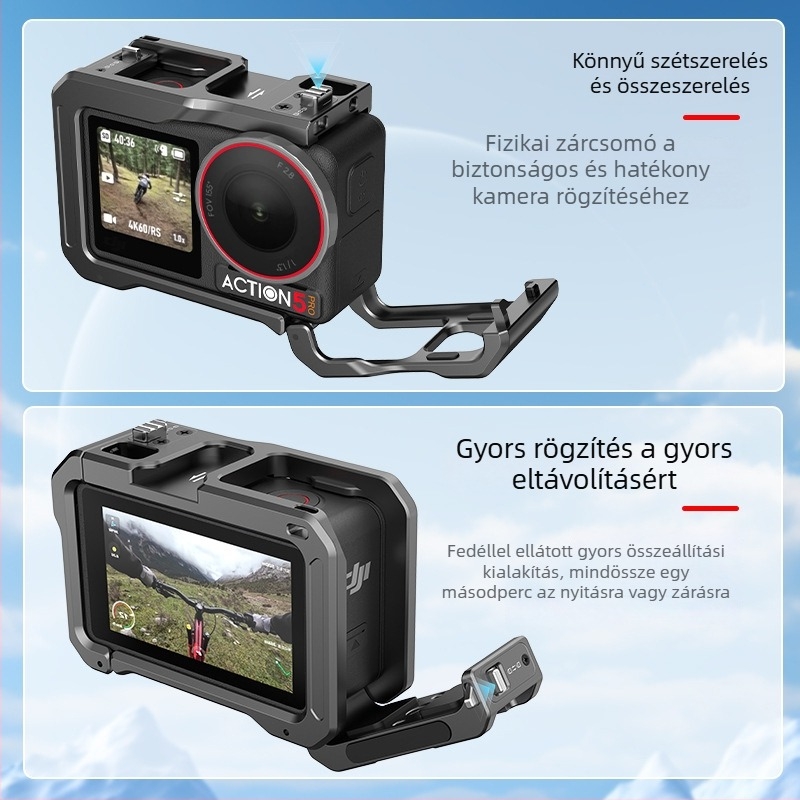 Hepail AC70 Alumínium KameraRám DJI Action 5 Pro/4/3 – alumínium ötvözetből készült keret, két hideg cipővel, horizontális és vertikális felvételhez