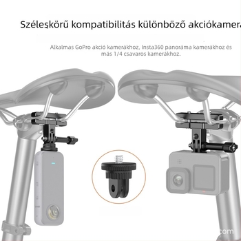 Wesport AL60 CNC alumínium kerékpáros akciókamerákhoz tartó — kompatibil GoPro, DJI, Xiaoyi, Insta360; lézergravírozott logó; tartozékok: nyereghez illeszkedő klip, adapter és T-alakú csavarok