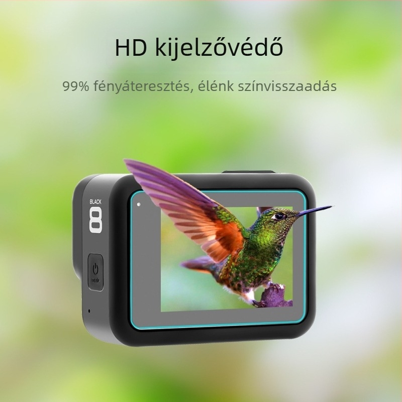 GoPro 8–13 edzett kijelzővédő fólia, logó nyomtatva, tartalmaz 2 edzett fóliát és 1 védő fóliát