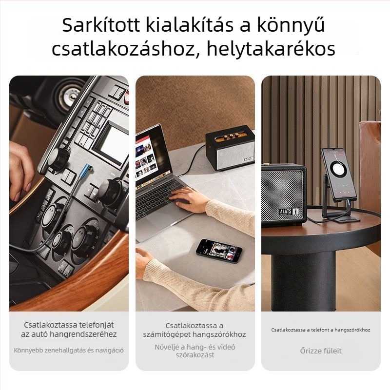 L-szögű AUX kábel 3,5 mm autóhoz – aranyozott kivitel, CCA mag, száloptikai vezető, BV tanúsítvány