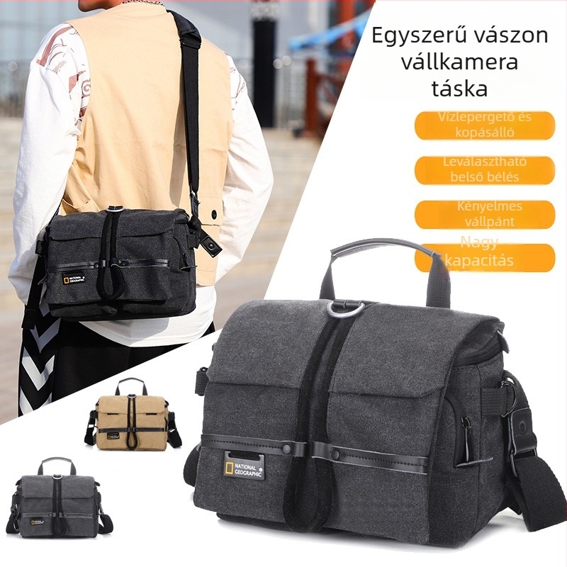 SLR fényképezőgép táska vállpánttal, vászon, egyszínű, poliészter bélés