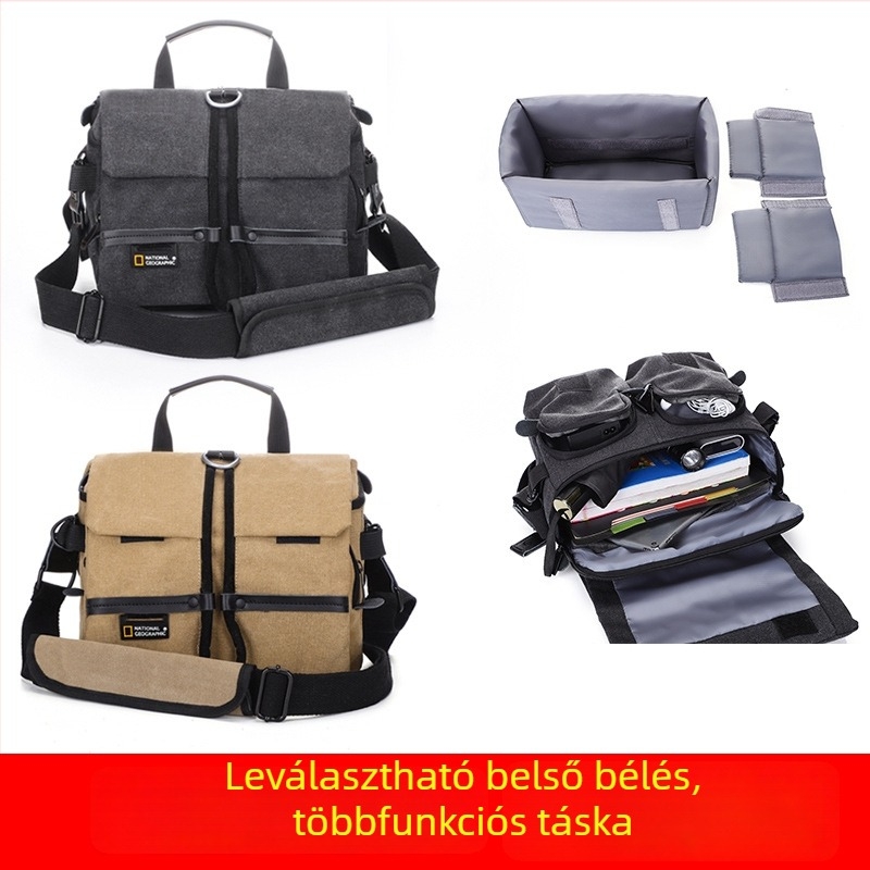 SLR fényképezőgép táska vállpánttal, vászon, egyszínű, poliészter bélés
