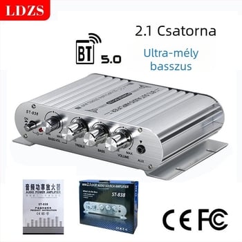 2.1-csatornás autóhangkártya erősítő modul Bluetooth ST-838 – 12V, 80Wx2+80W, 4–16 Ω, alumíniumötvözet ház