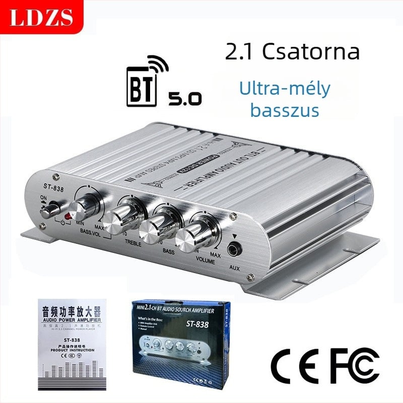 2.1-csatornás autóhangkártya erősítő modul Bluetooth ST-838 – 12V, 80Wx2+80W, 4–16 Ω, alumíniumötvözet ház