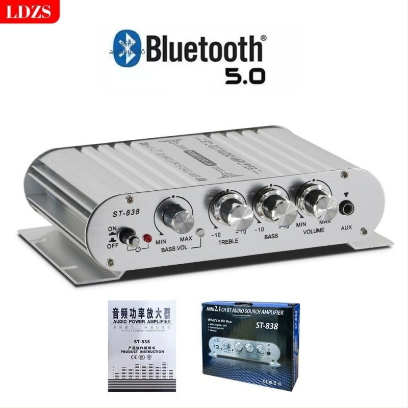 2.1-csatornás autóhangkártya erősítő modul Bluetooth ST-838 – 12V, 80Wx2+80W, 4–16 Ω, alumíniumötvözet ház