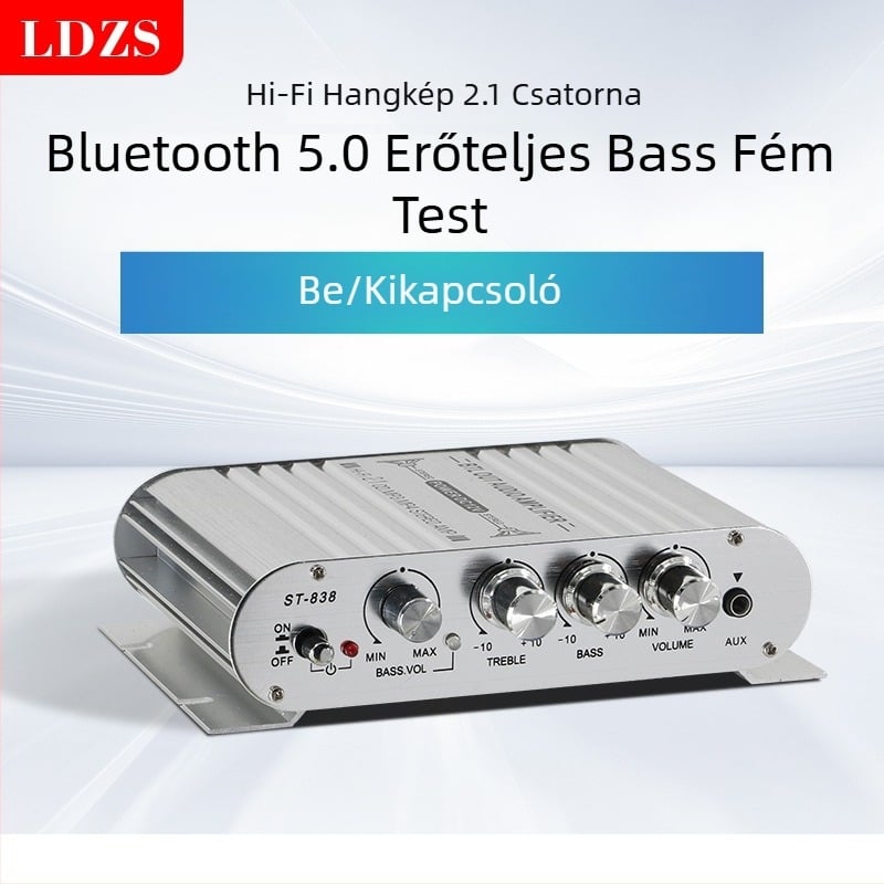 2.1-csatornás autóhangkártya erősítő modul Bluetooth ST-838 – 12V, 80Wx2+80W, 4–16 Ω, alumíniumötvözet ház