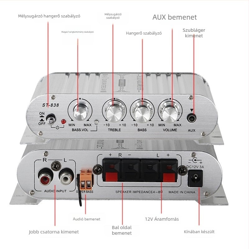 2.1-csatornás autóhangkártya erősítő modul Bluetooth ST-838 – 12V, 80Wx2+80W, 4–16 Ω, alumíniumötvözet ház