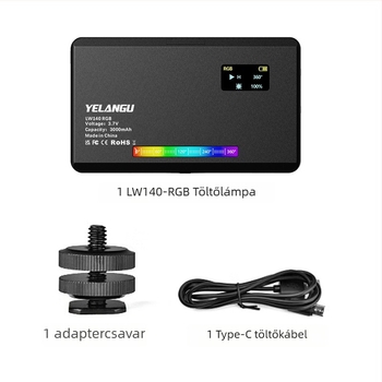 LW140RGB LED töltőfény, 8W, 3,7V, beépített akkumulátor, kézben tartható, fotózáshoz és élő közvetítéshez