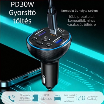 PD gyorstöltésű autós töltő MP3 Bluetooth lejátszóval, FM átjátszó, USB-meghajtó lejátszás