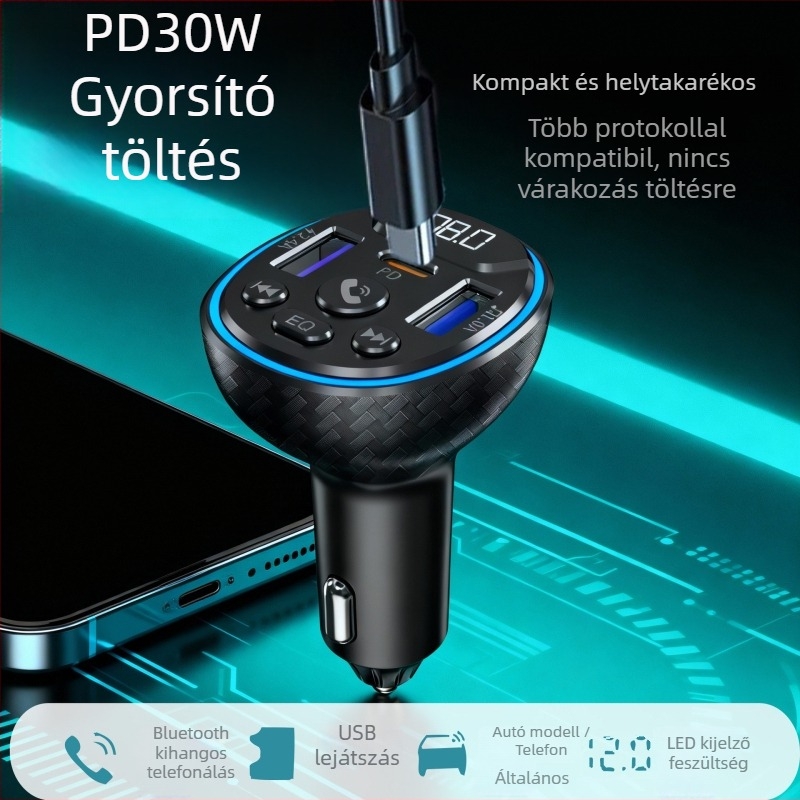 PD gyorstöltésű autós töltő MP3 Bluetooth lejátszóval, FM átjátszó, USB-meghajtó lejátszás