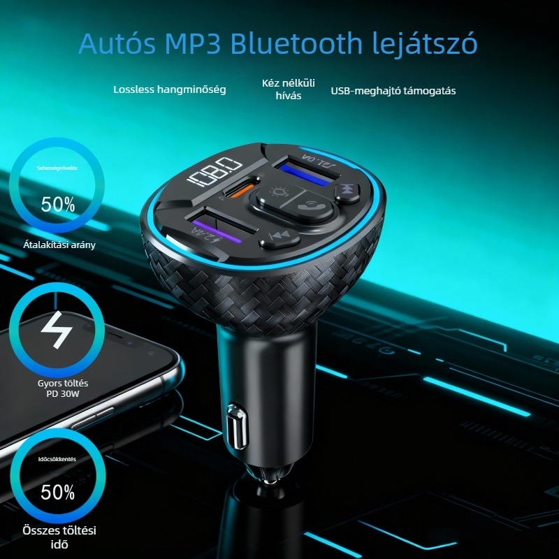 PD gyorstöltésű autós töltő MP3 Bluetooth lejátszóval, FM átjátszó, USB-meghajtó lejátszás