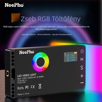 NP-L3 RGB fotózás kiegészítő fény telefonhoz – hordozható kézi lámpa élő közvetítéshez és fotózáshoz, többszintű fényerő-szabályozás, <10W, 3,7V